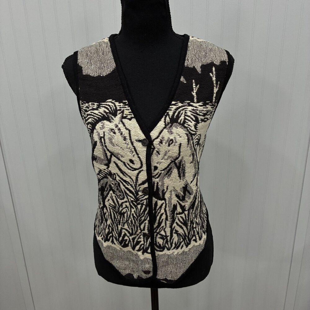 New Identity Women's Medium Black White Horse Tapestry Vest Southwest Western